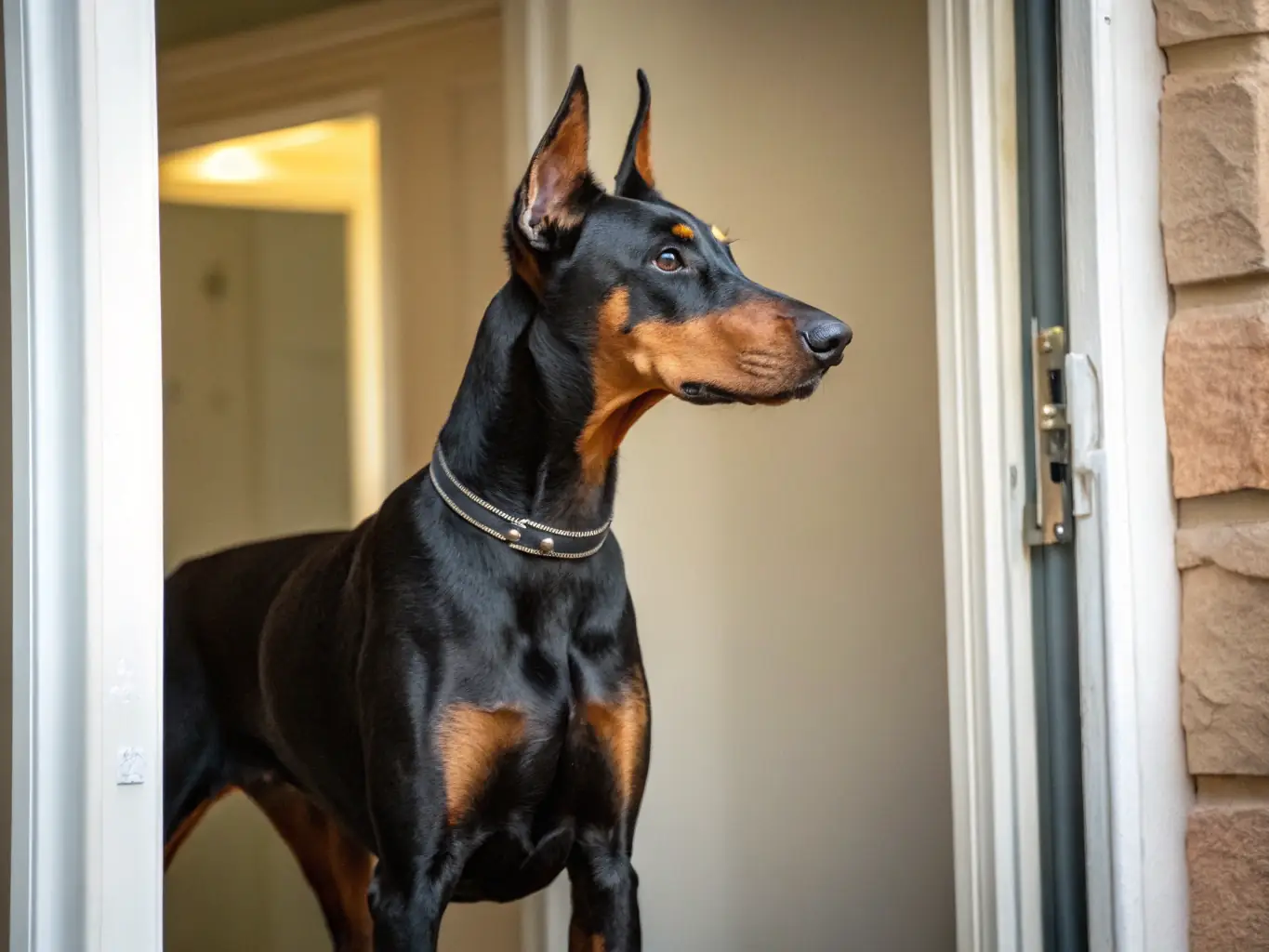 A confident Doberman Pinscher, standing tall and vigilant, showcasing its natural protective instincts and elegant appearance.